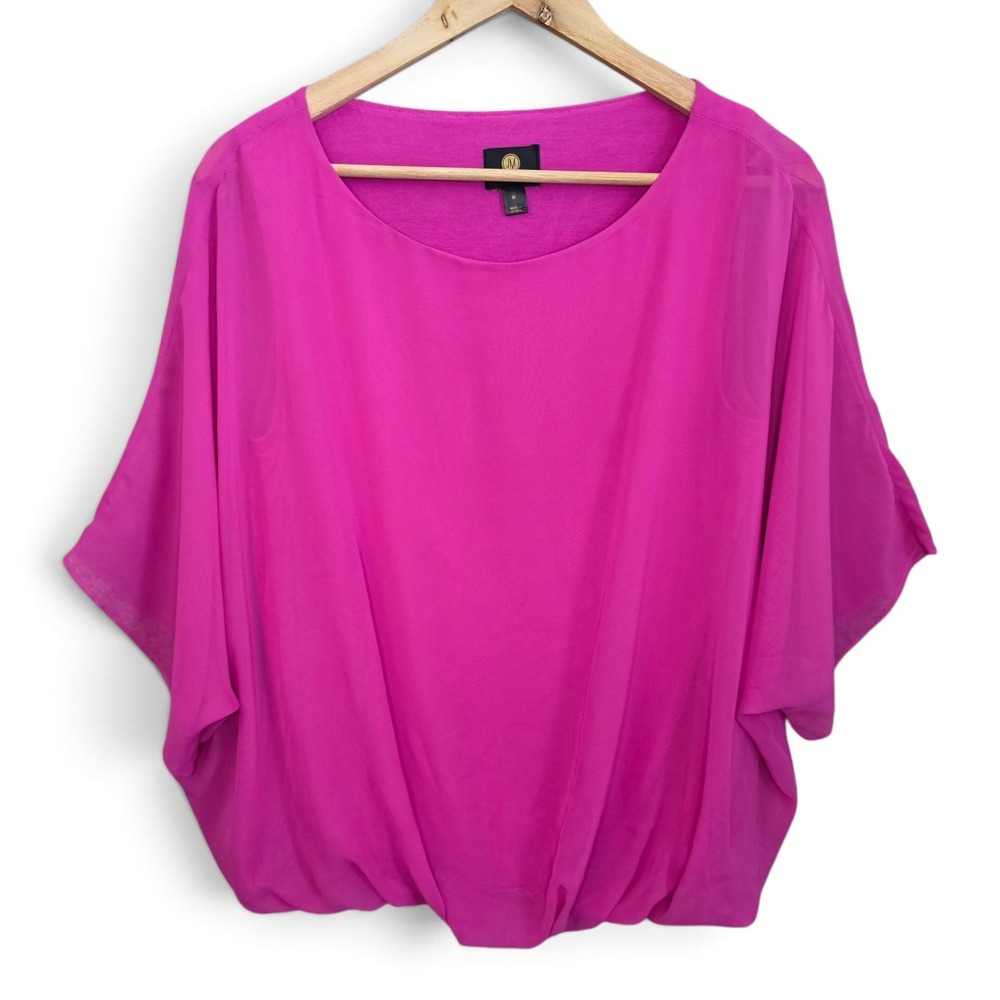 JM Collection Womens Blouse Medium Pink Bubble Hem Dolman Short Sleeve Sheer